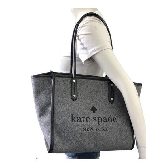 Kate Spade New York Black/Grey Ella Felt and Leather Large Top Zip Tote EUC 499 - Picture 6 of 16